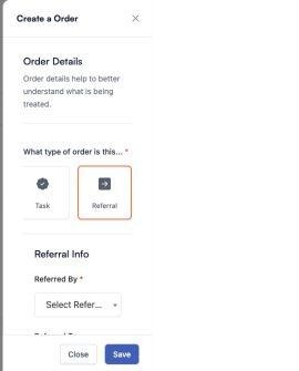 Referral order type selected The Order Details section with the Referral tile selected and the Referral Info section displayed.