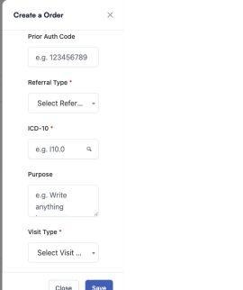Core referral detail fields The referral form showing Referral Type, ICD-10, Purpose, and Visit Type fields.