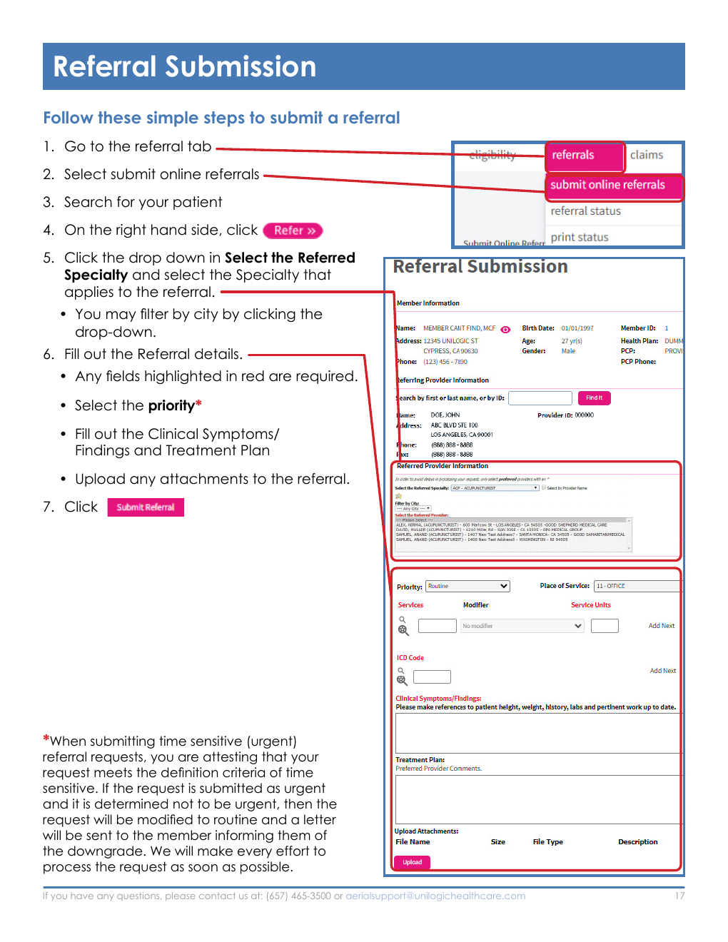 Annotated Aerial referral submission screenshots showing the Referrals menu, patient search, referred specialty, priority, clinical findings, treatment plan, attachment upload, and Submit Referral.