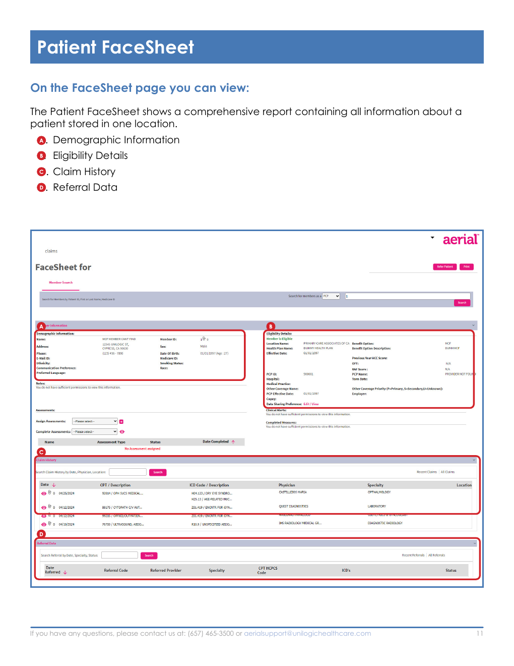 Annotated Aerial FaceSheet screenshot identifying demographic information, eligibility details, claim history, and referral data.