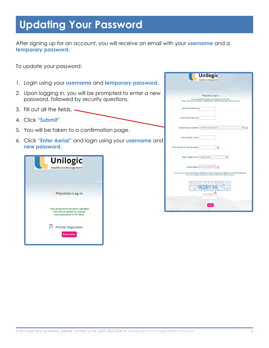 Annotated Aerial password update screenshots showing the new password form, security questions, Submit button, and Enter Aerial confirmation.