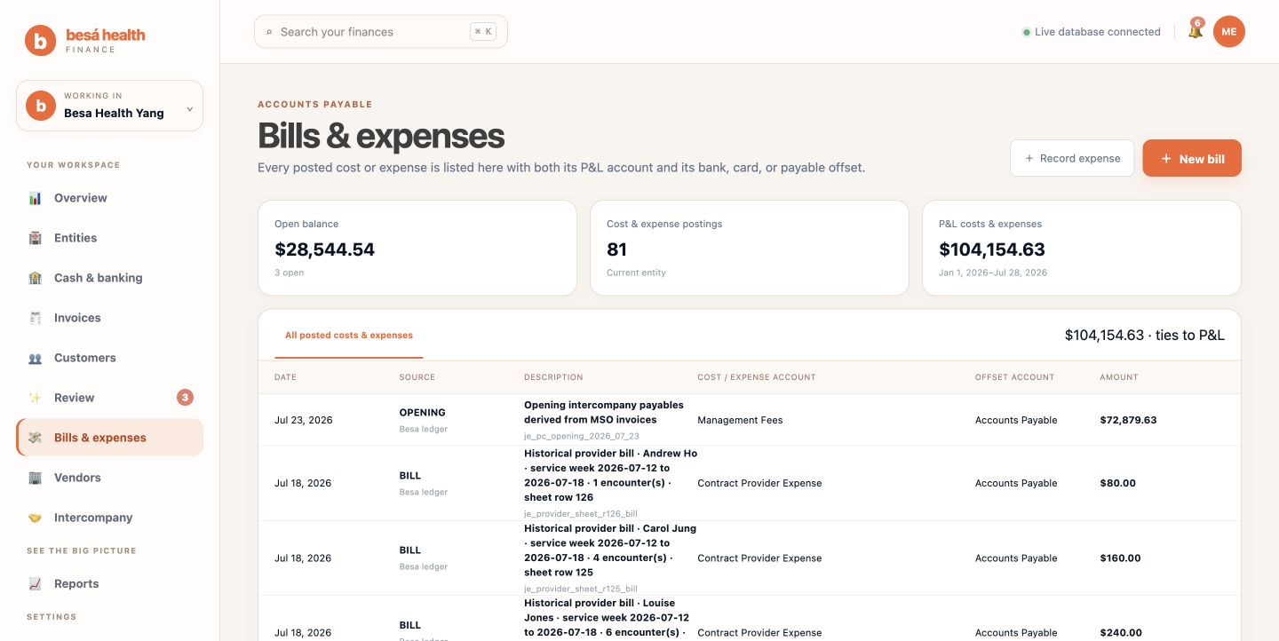 Besa Health Yang accounting portal Bills and expenses page with provider bills