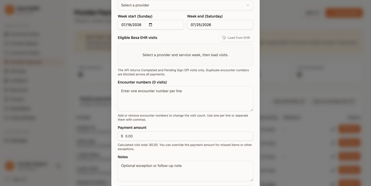 Provider payment form with editable encounter numbers, visit count, payment amount, and notes