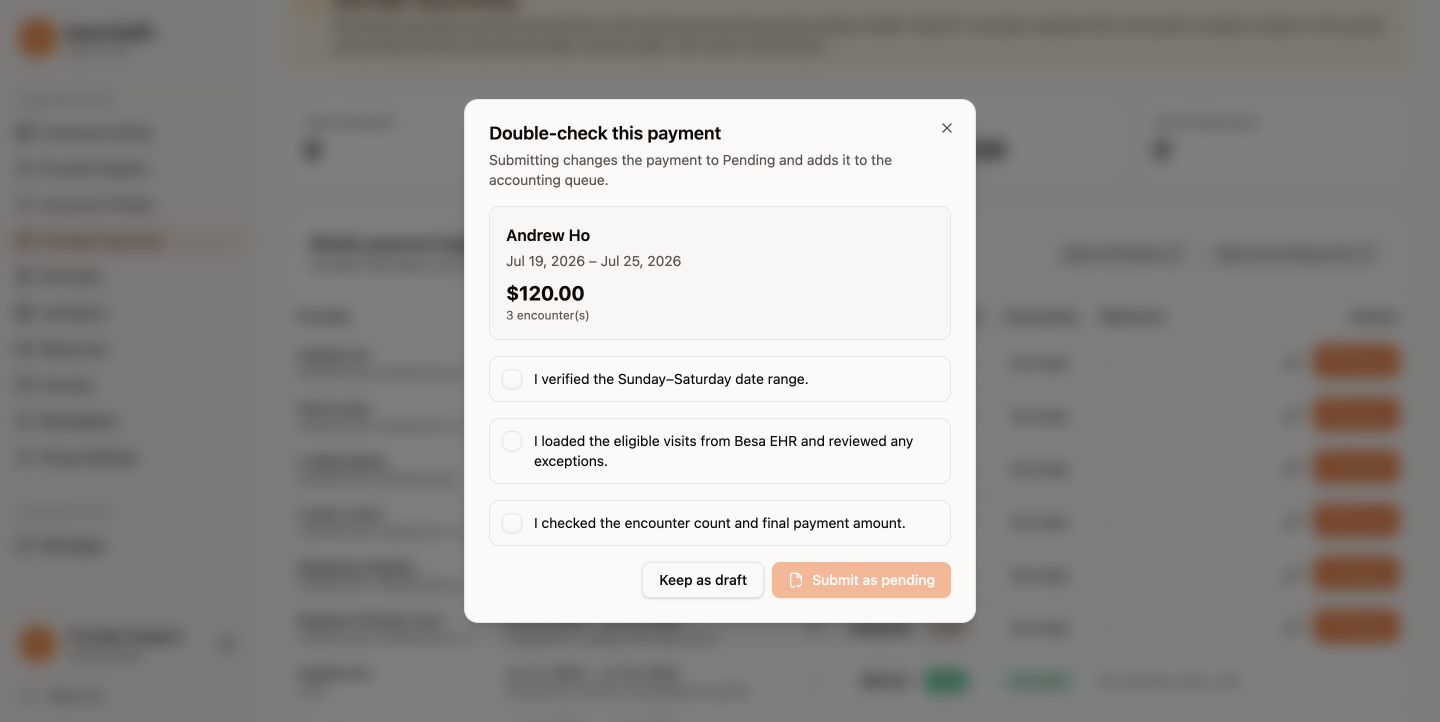 Provider payment double-check dialog before submitting a draft as pending
